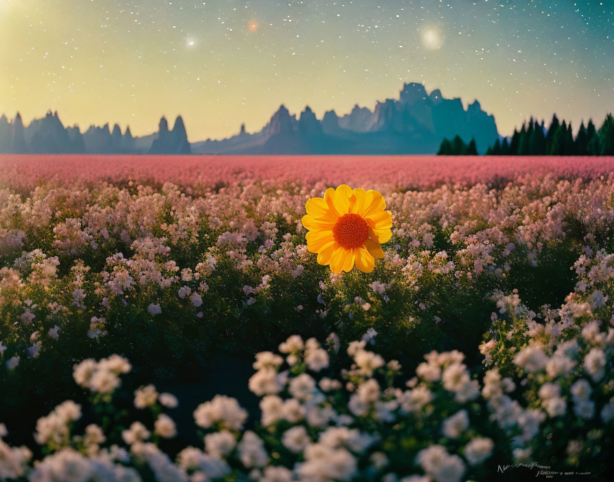 Yellow Flower Stands Out in Field of White Blossoms Against Twilight Mountains