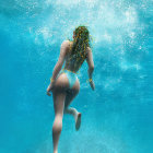 Woman in Blue Swimsuit Dives Underwater with Sunlight and Bubbles