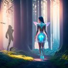 Person with Luminescent Wings in Misty Forest with Mysterious Figure