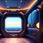 Futuristic spaceship interior with large window overlooking alien landscape at sunrise or sunset