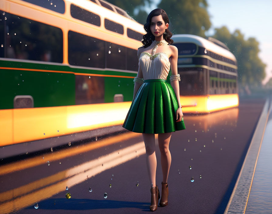 Stylized 3D-rendered woman in green skirt and white top by tramway with digital