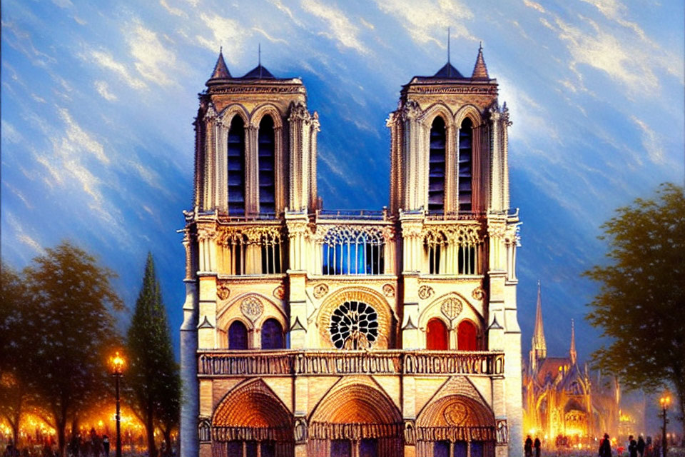 Illuminated Notre-Dame Cathedral at Dusk with Silhouettes