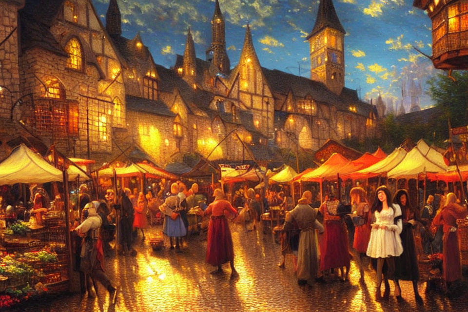 Medieval Market at Twilight with Townsfolk, Stalls, and Stone Buildings