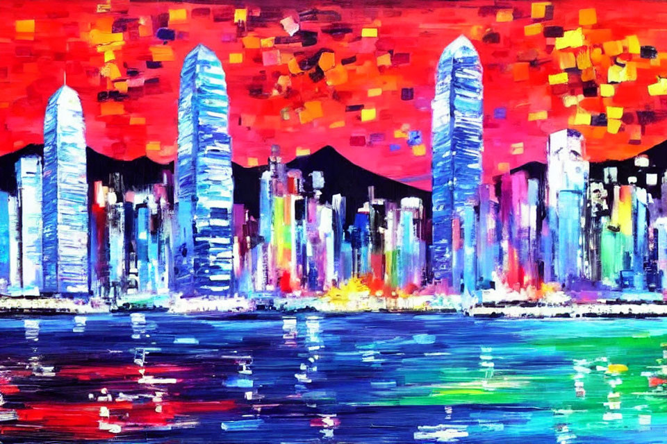 Colorful Abstract Cityscape Painting with Skyscrapers and Pixelated Sky