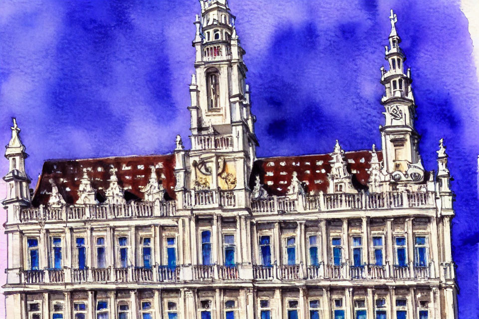 Detailed watercolor painting of historic building with elaborate architecture and crest on blue background