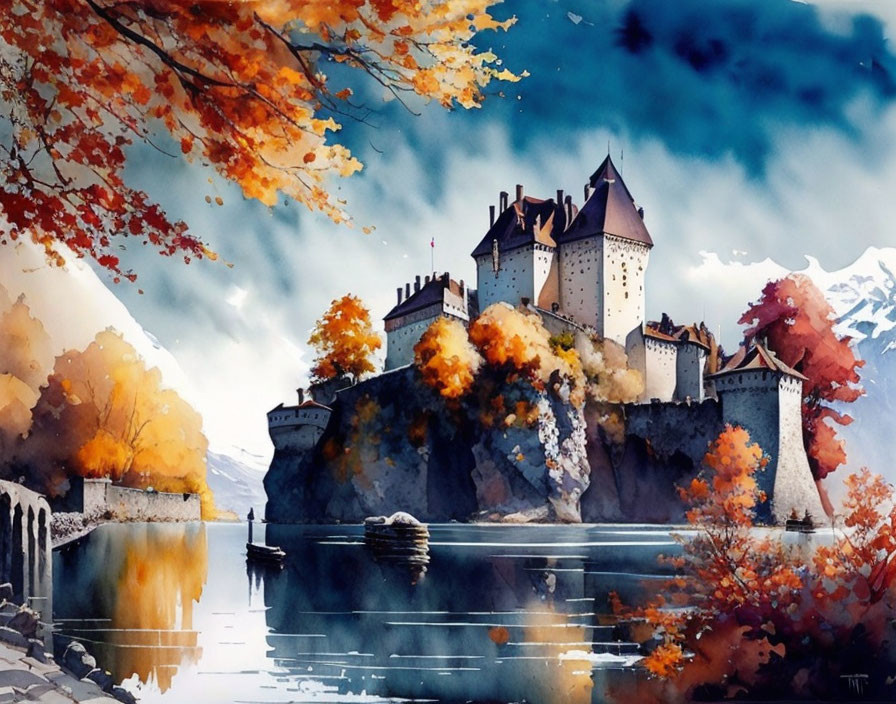 Majestic castle on rocky island in autumn setting