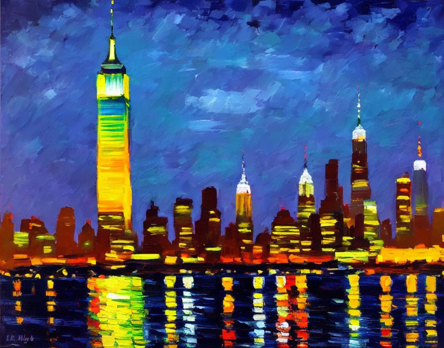 City Skyline Night Painting with Illuminated Skyscrapers and Water Reflections