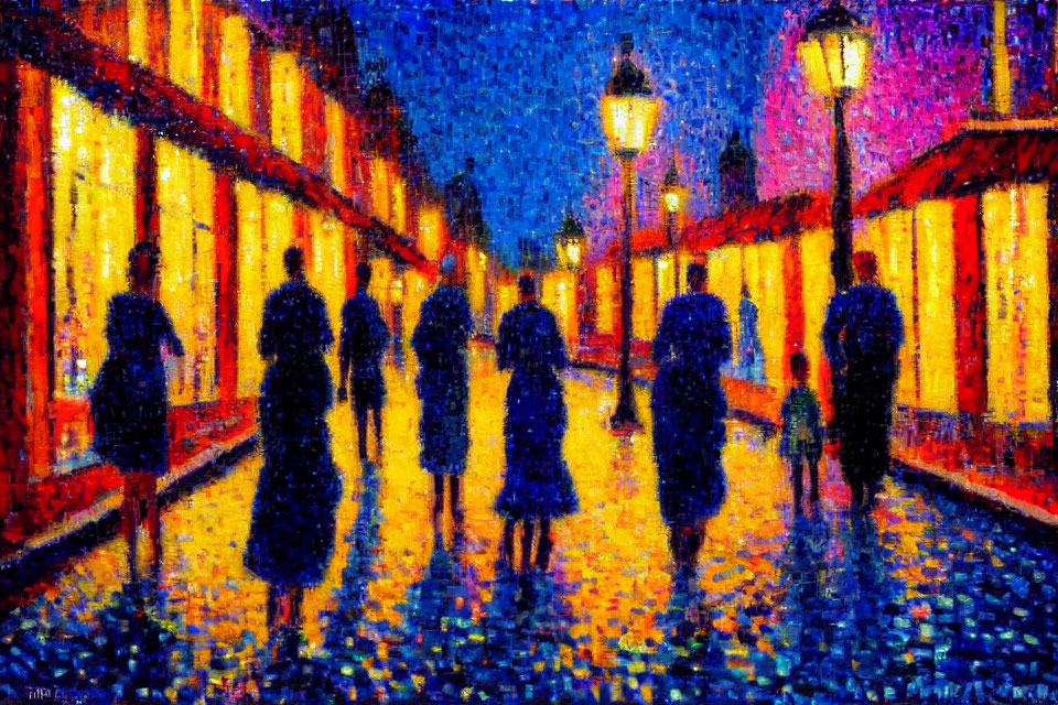 Impressionist-style painting of people on wet, illuminated street at twilight