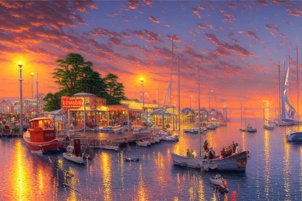 Colorful sunset harbor scene with boats, dock, and illuminated buildings.