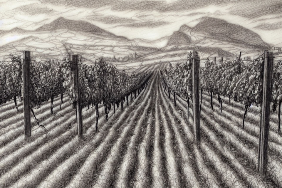 Detailed pencil sketch of vineyard with grapevines and mountains under shaded sky