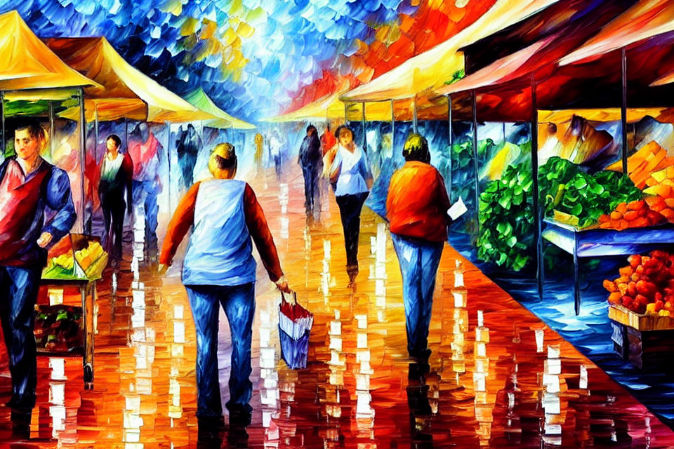 Impressionist-style painting of a bustling market street