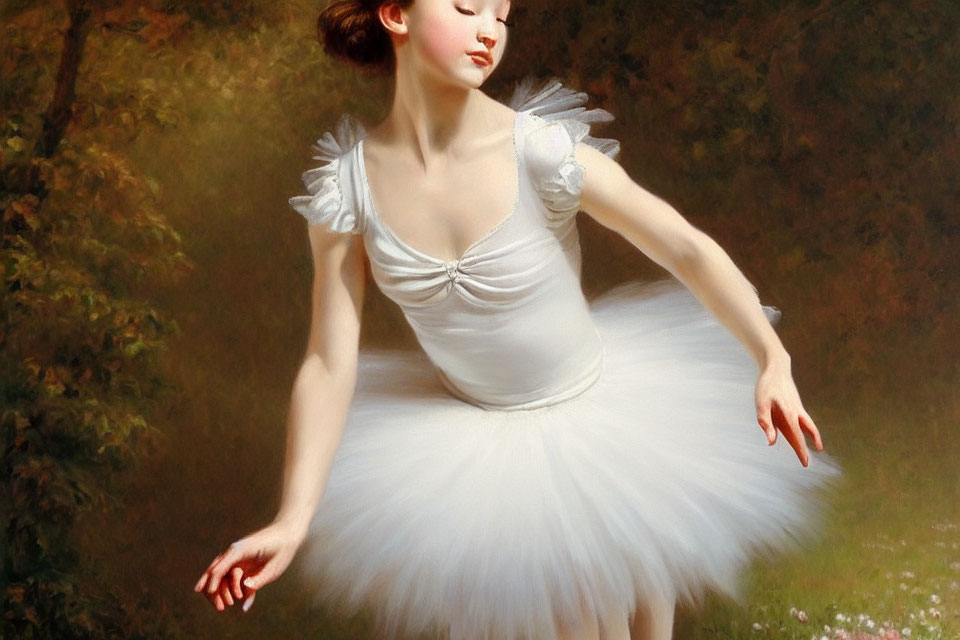 White Tutu Ballerina Posed Serenely in Greenery