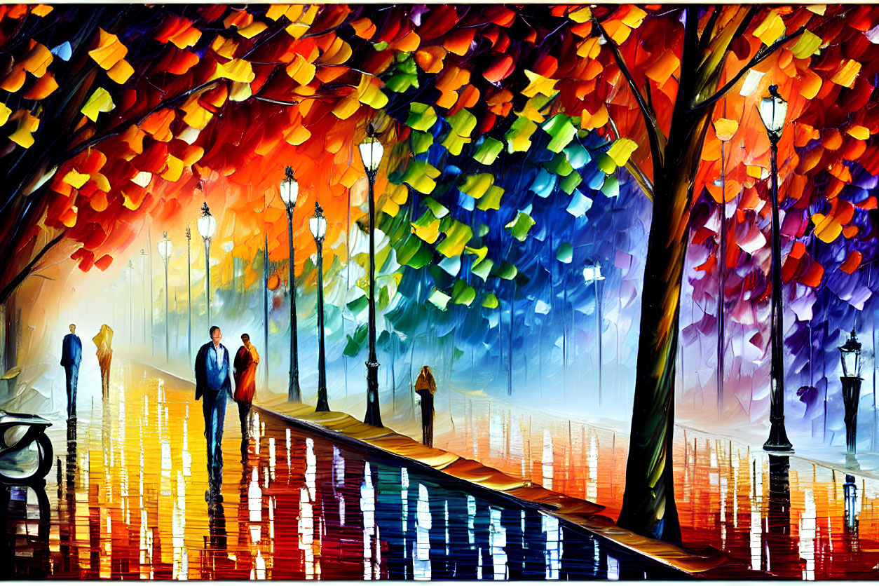 Colorful painting of people on reflective pathway with glowing street lamps