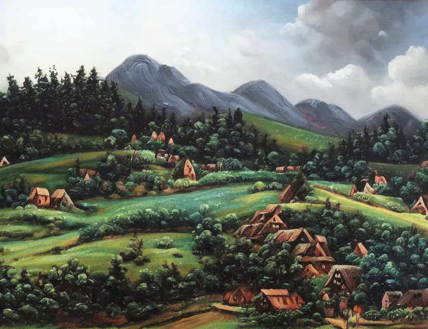 Rural landscape painting with cottages, green fields, and mountains