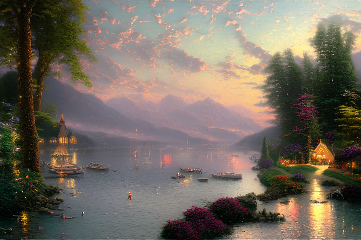 Tranquil Dusk Scene: Lake, Boats, Cottages, Mountains, Pink Cloud