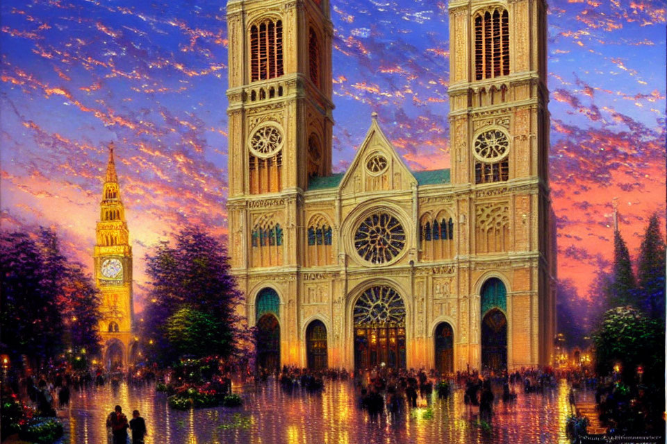 Grand cathedral and Big Ben merge under vibrant sunset sky in fantastical scene with people on water-covered square