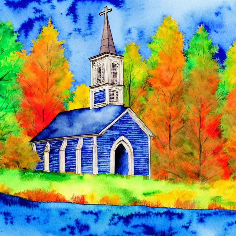 Colorful Watercolor Painting of Blue Church in Autumn Setting