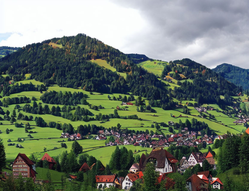 Scenic green valley with houses, fields, and forested hills under cloudy sky