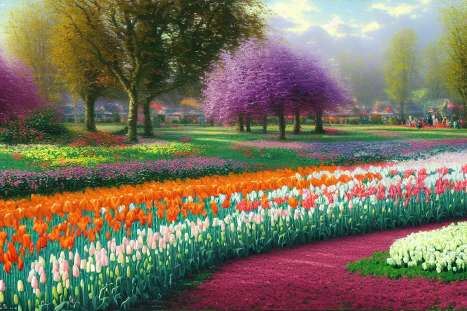 Colorful Tulip Garden with Lush Trees and People Admiring Scenery