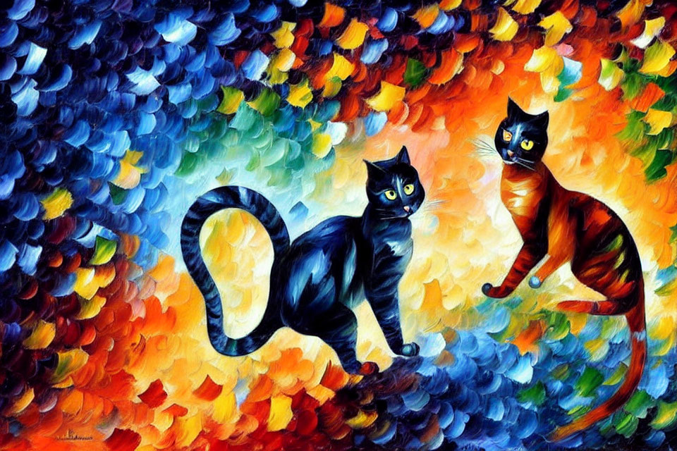 Colorful mosaic featuring two cats with striking eyes