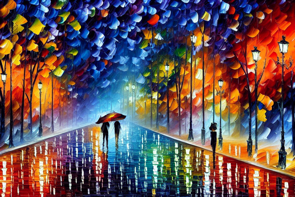 Colorful painting of rainy street with people under umbrellas