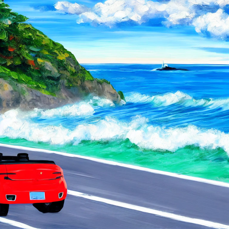 Colorful coastal road painting with red car, rolling waves, green cliff, lighthouse, and cloudy