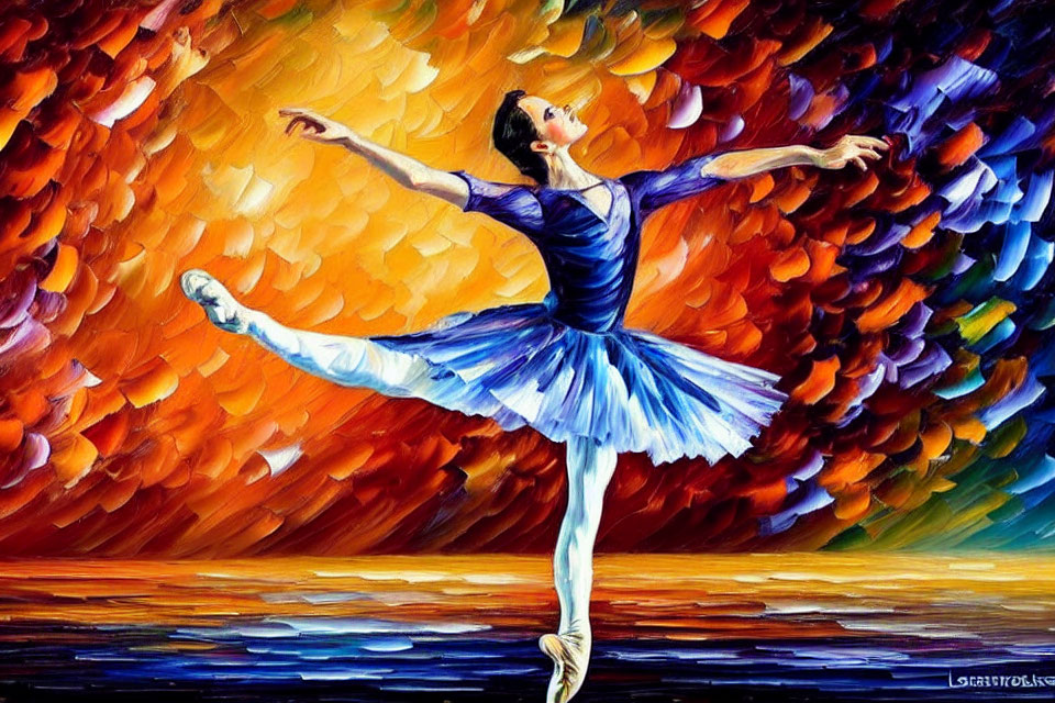 Elegant ballerina in blue tutu with vibrant brush-stroke background