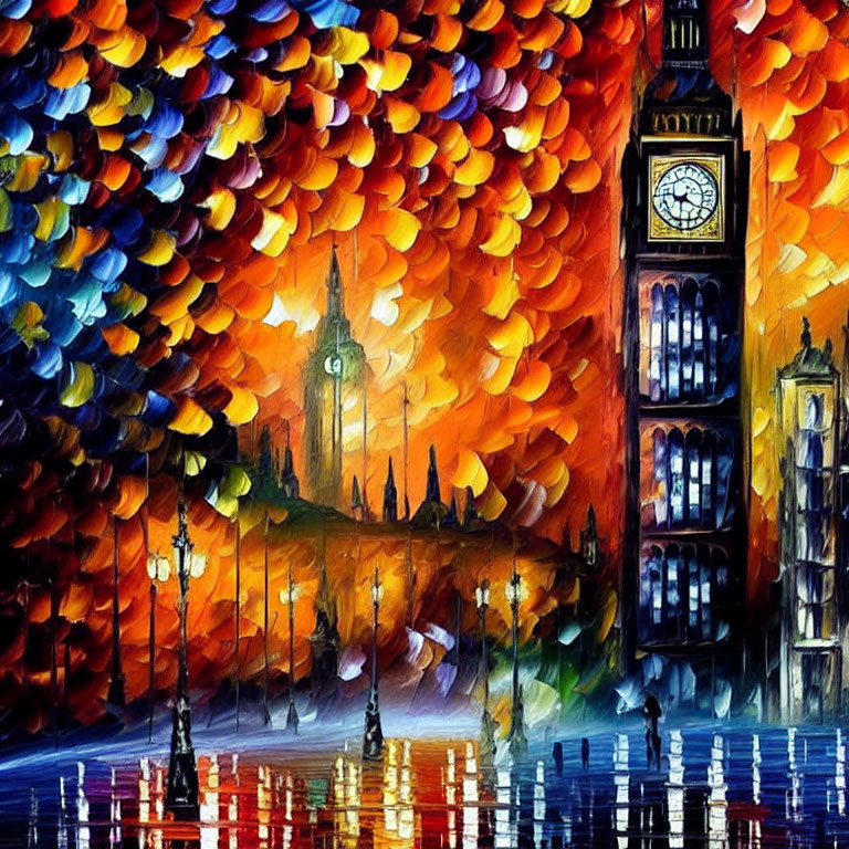 Impressionist-style painting of Big Ben and UK Parliament with colorful leaves and wet ground