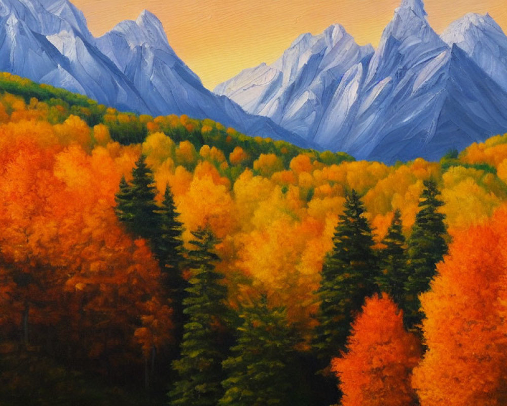 Colorful autumn forest painting with blue-gray mountains