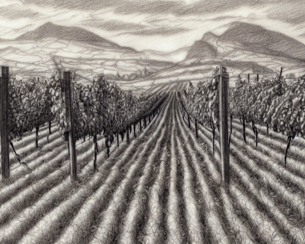 Detailed pencil sketch of vineyard with grapevines and mountains under shaded sky