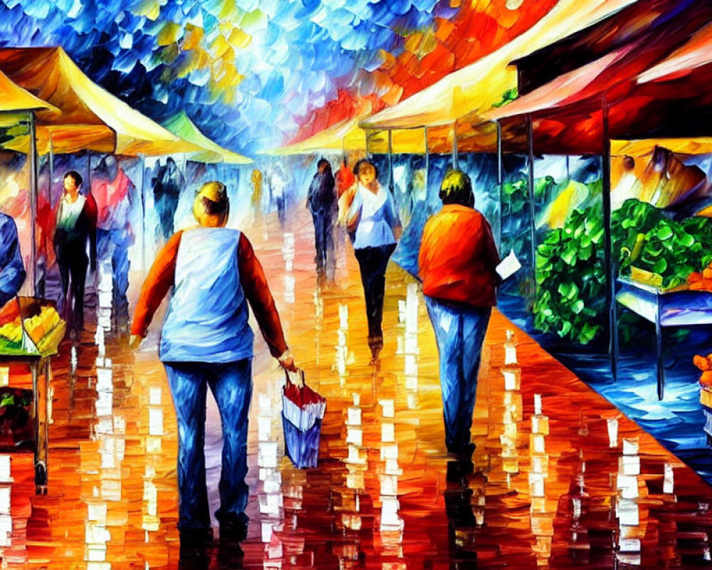 Impressionist-style painting of a bustling market street