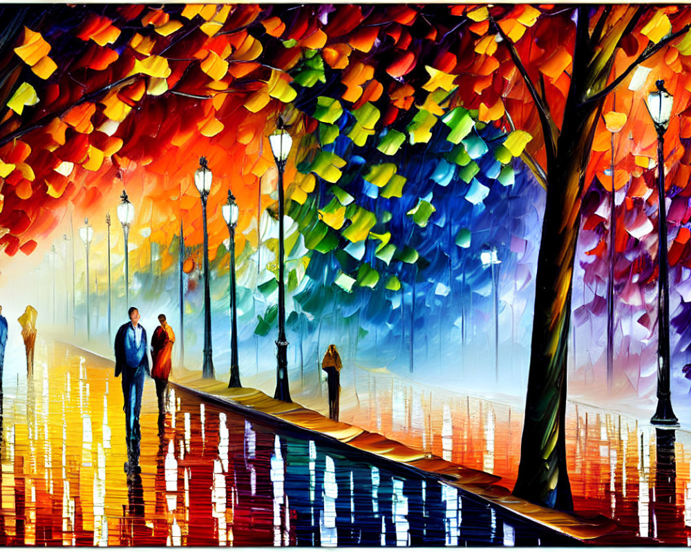 Colorful painting of people on reflective pathway with glowing street lamps