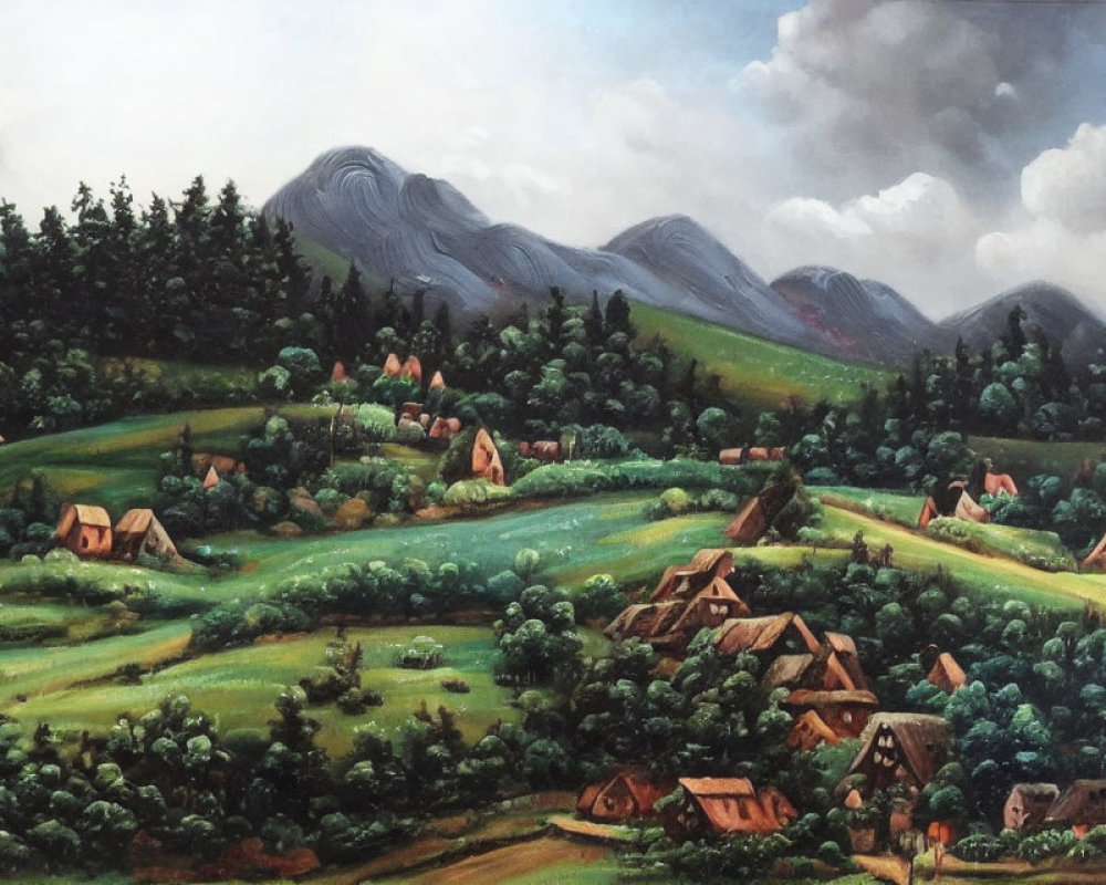 Rural landscape painting with cottages, green fields, and mountains