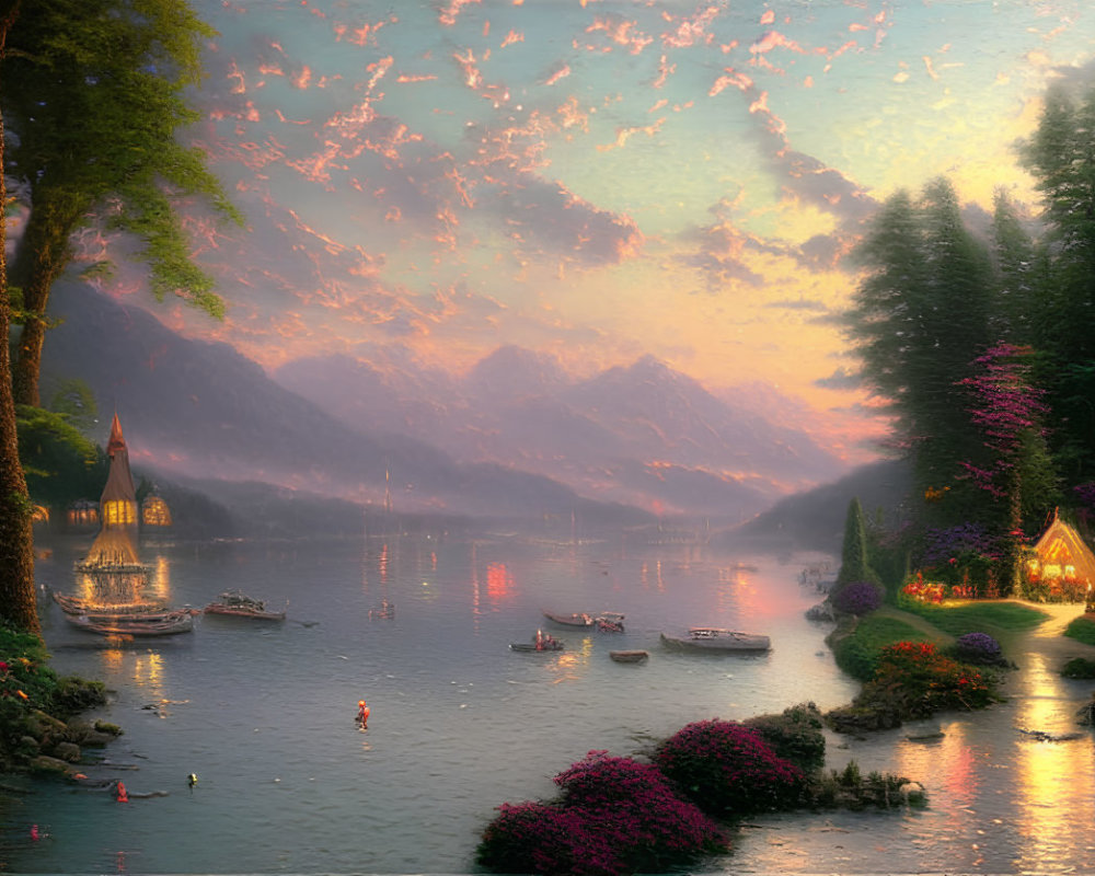 Tranquil Dusk Scene: Lake, Boats, Cottages, Mountains, Pink Cloud