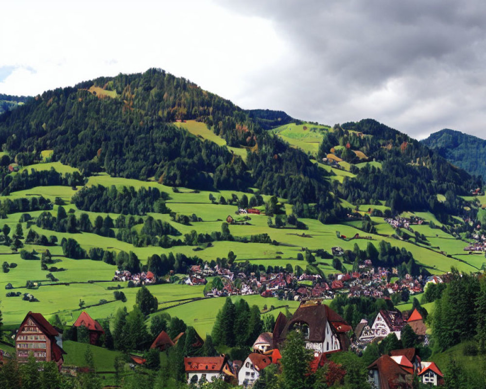 Scenic green valley with houses, fields, and forested hills under cloudy sky