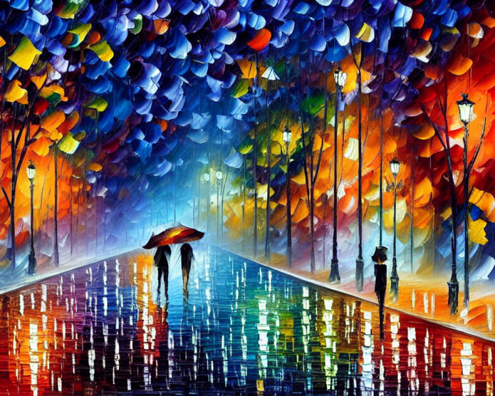 Colorful painting of rainy street with people under umbrellas