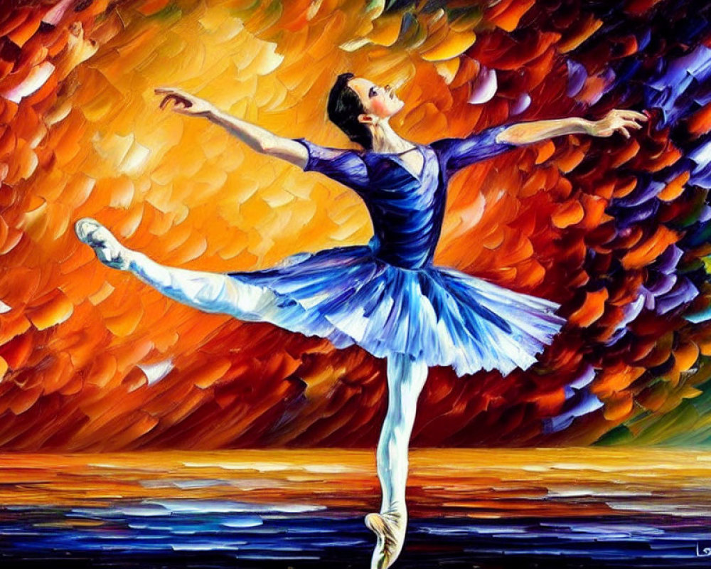 Elegant ballerina in blue tutu with vibrant brush-stroke background