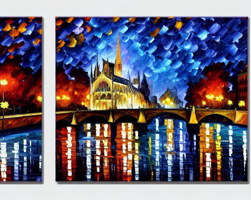 Vibrant cityscape triptych with illuminated bridge and cathedral under twilight sky