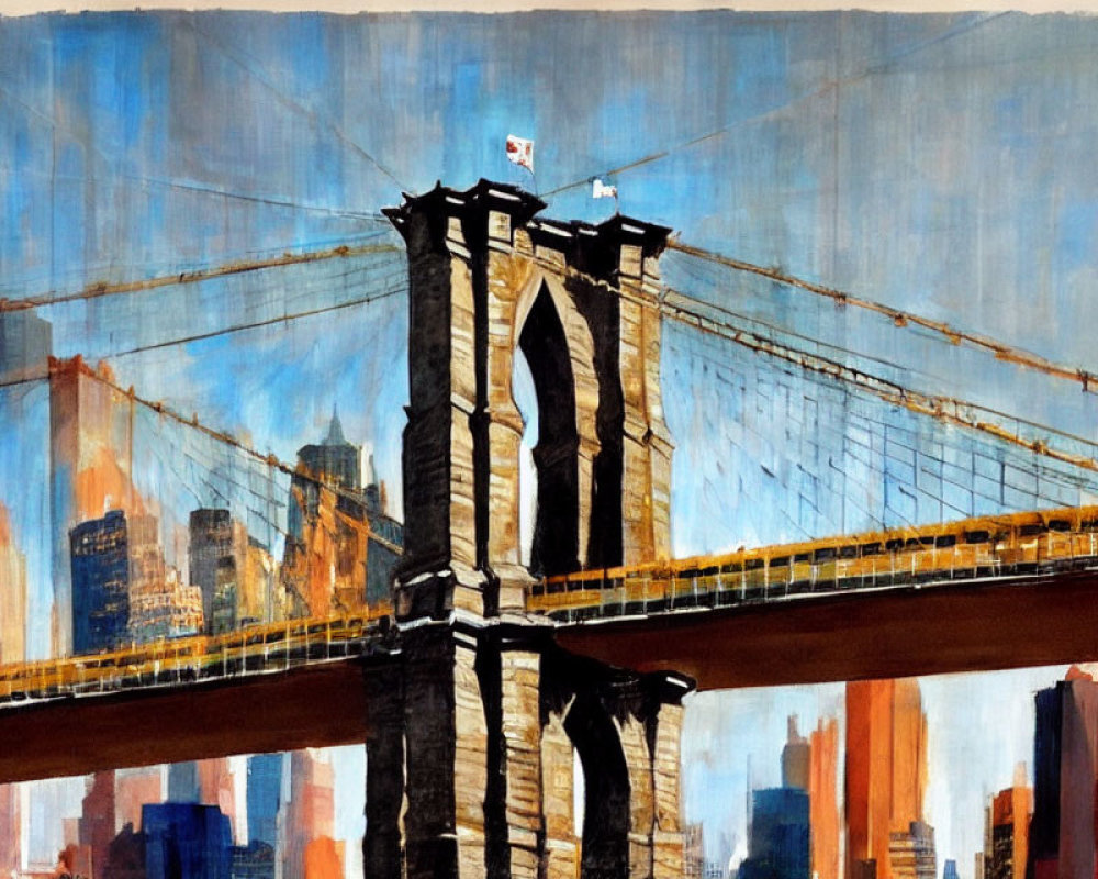 Vibrant painting: Brooklyn Bridge, blue sky, NYC skyline at sunset