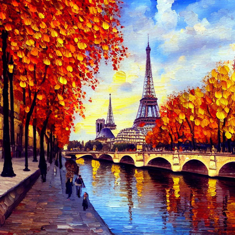 Riverside Walkway in Paris with Eiffel Tower and Autumn Trees