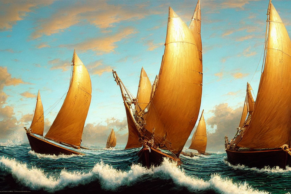 Golden-sailed traditional sailing ships on rolling ocean waves