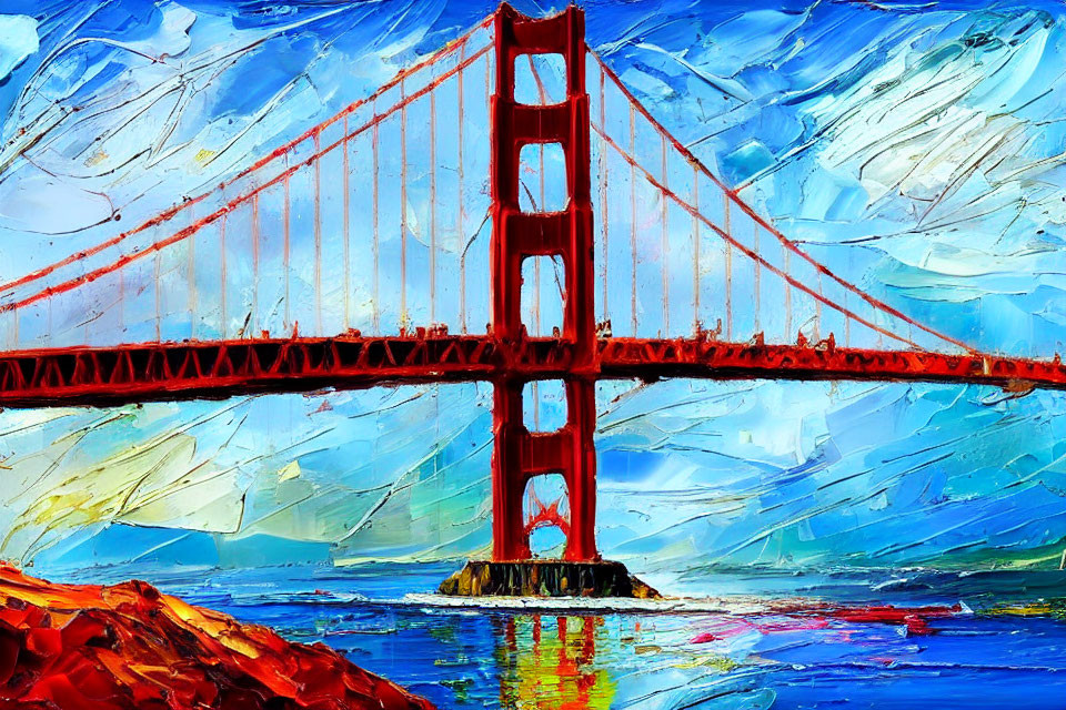 Colorful painting of Golden Gate Bridge with reds and blues reflecting on water