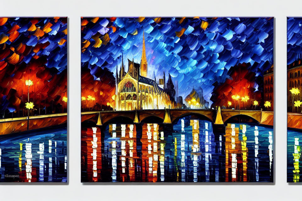 Vibrant cityscape triptych with illuminated bridge and cathedral under twilight sky