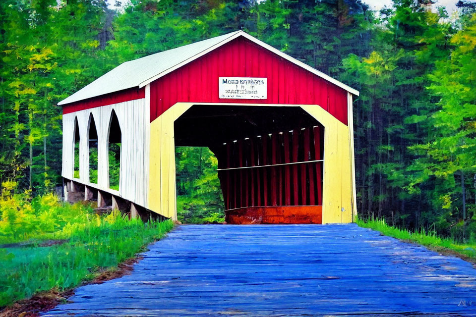 Red-covered Bridge Over Road Amid Greenery