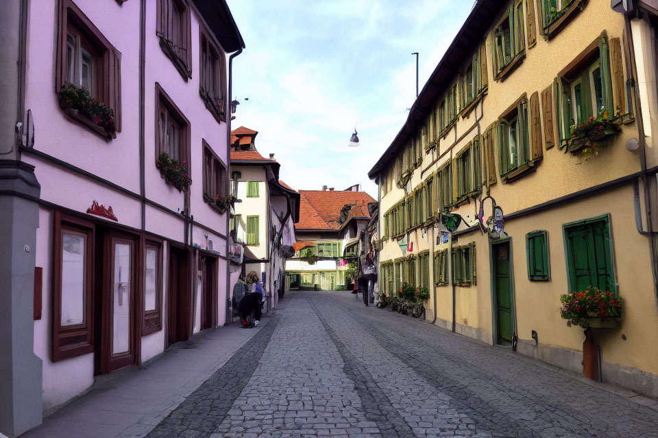 Picturesque European Street Scene with Cobblestones and Colorful Buildings