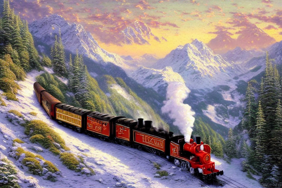 Vintage red steam train in snowy mountain landscape