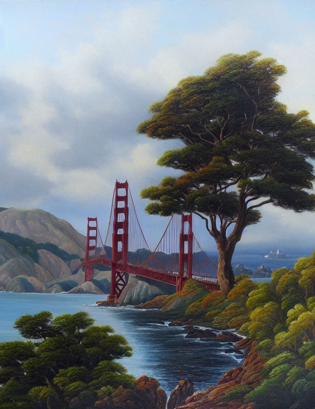 Tranquil landscape painting with Golden Gate Bridge and tree by calm bay