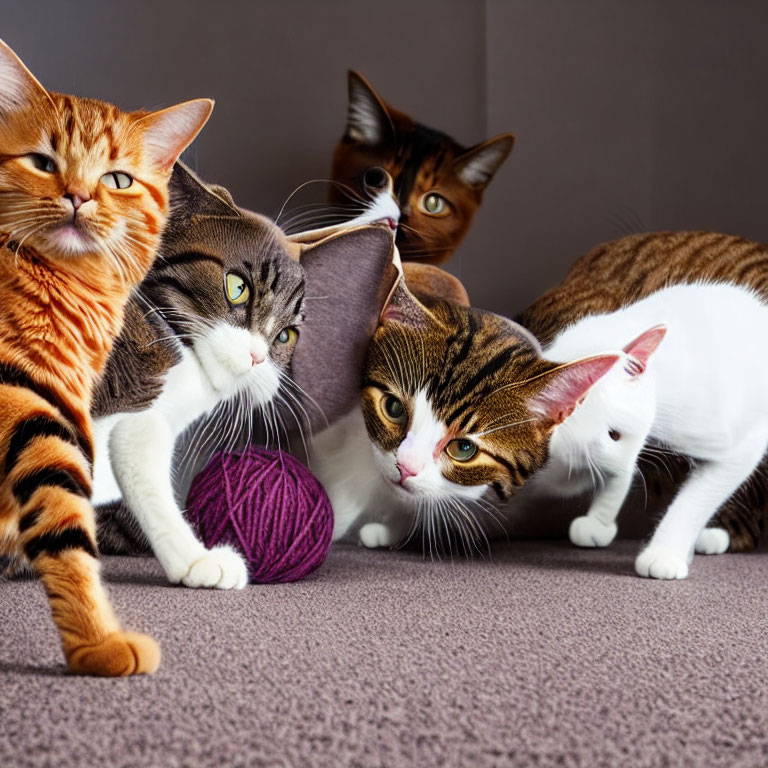 Four domestic cats with different fur patterns cuddling and playing with a purple yarn ball