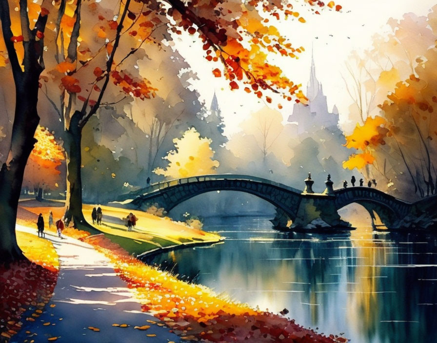 Tranquil autumn landscape with river, bridge, and fall foliage