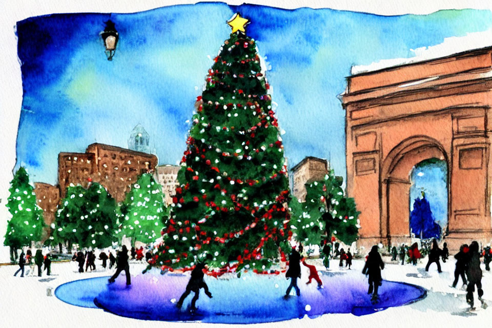 Festive watercolor scene: people ice skating around Christmas tree